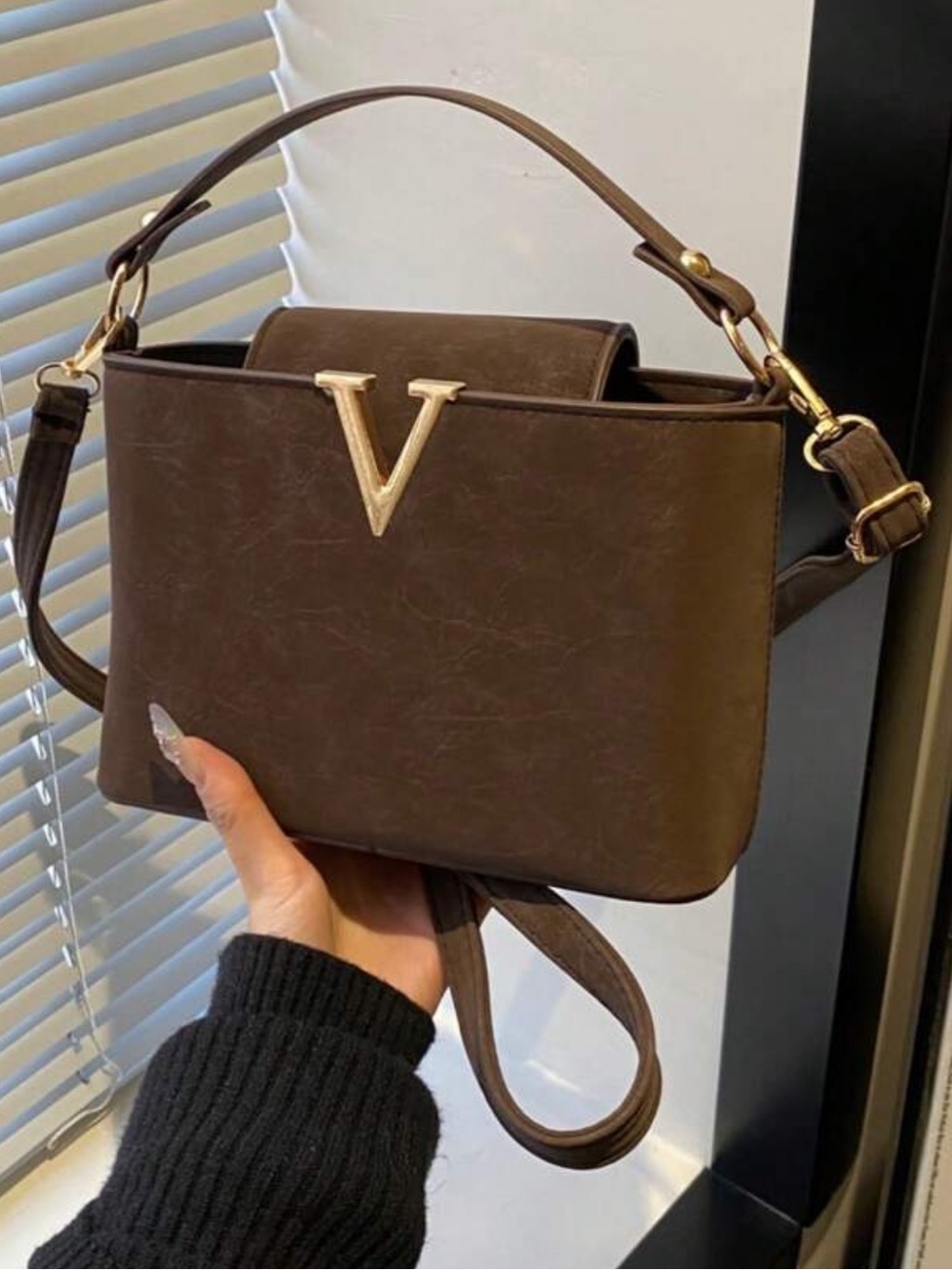 Chocolate Brown Shoulder Bag with Gold V Accent